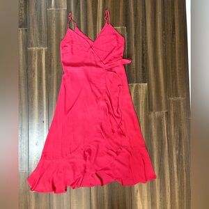 Lulus Pink Coral Wrap Dress Sleeveless Straps Midi Ruffle Hem V Neck High Waist